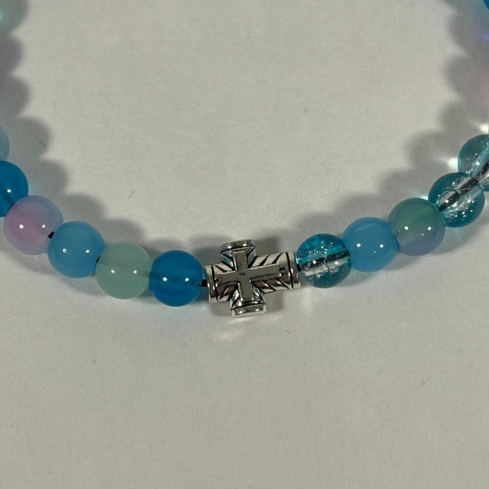 Mini Silver Cross Glass Bead Bracelet